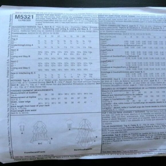 McCall's Bridal Elegance Pattern M5321 Misses (14 - 16 - 18 - 20 ) - Picture 3 of 3